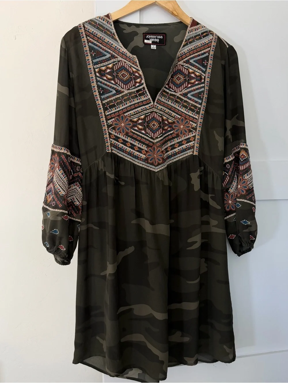 Johnny Was Workshop Camo Embroidered Peasant Boho Tunic Dress Small - Picture 1 of 10